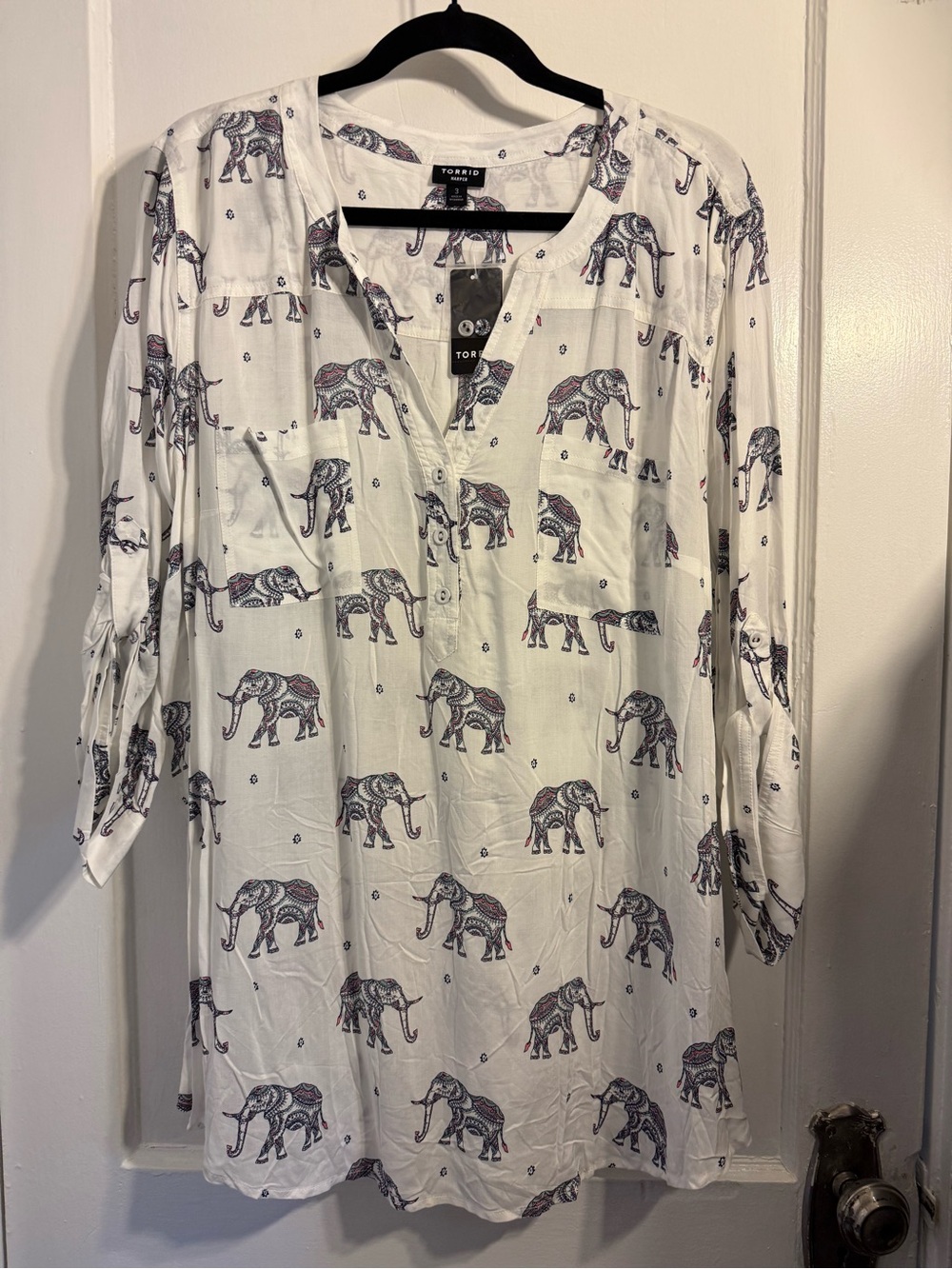 torrid White Elephant Print Long-Sleeve Tunic Dress